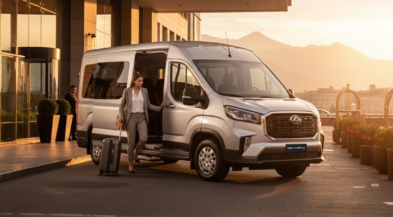 Van del hub esperando a un pasajero con equipaje en la entrada de un hotel, con la cordillera al fondo